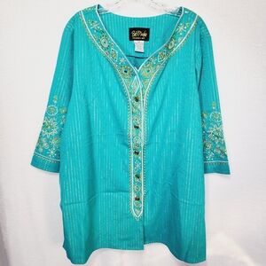 Bob Mackie 2X Button Down Short Sleeve Gold Striped Embroidered Tunic Blouse.